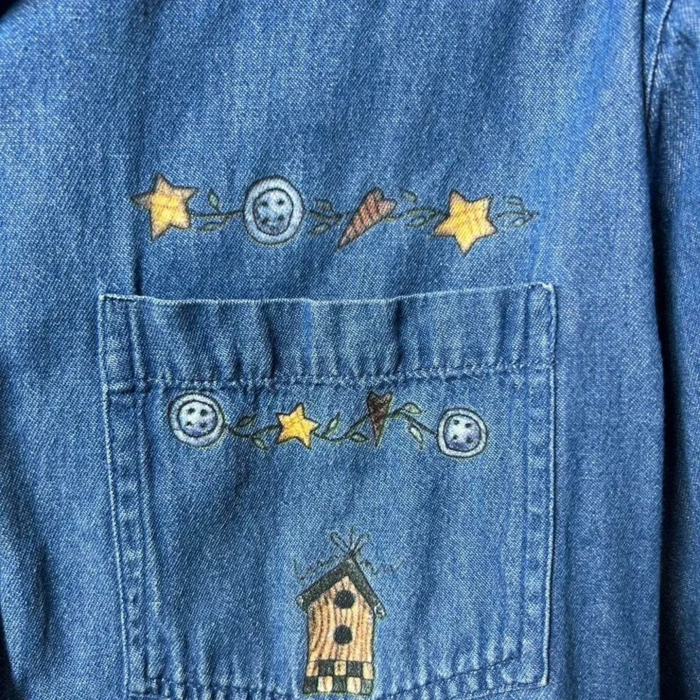 Vtg Denim Novelty cottage Shirt Sz small Teddy bear Collar - Picture 3 of 6